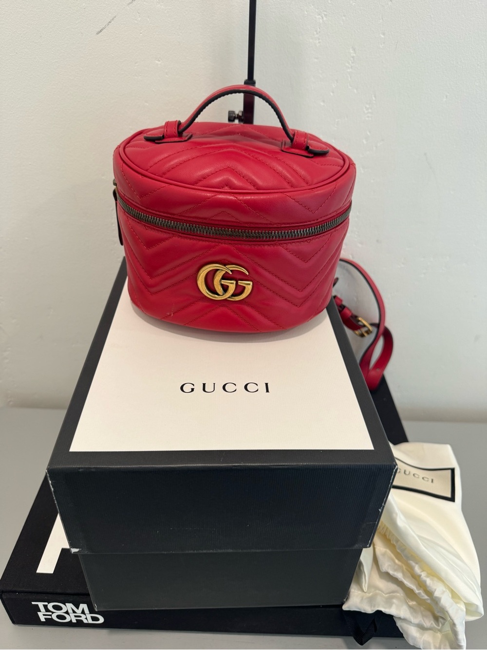 Gucci Red Quilted Leather Mini Vanity Crossbody with Gold GG